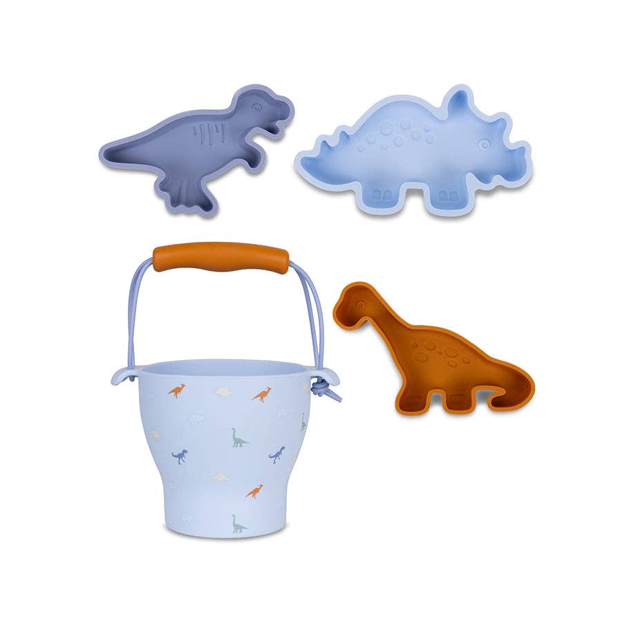 Dinosaur beach bucket and spade play set for children. Silicone.