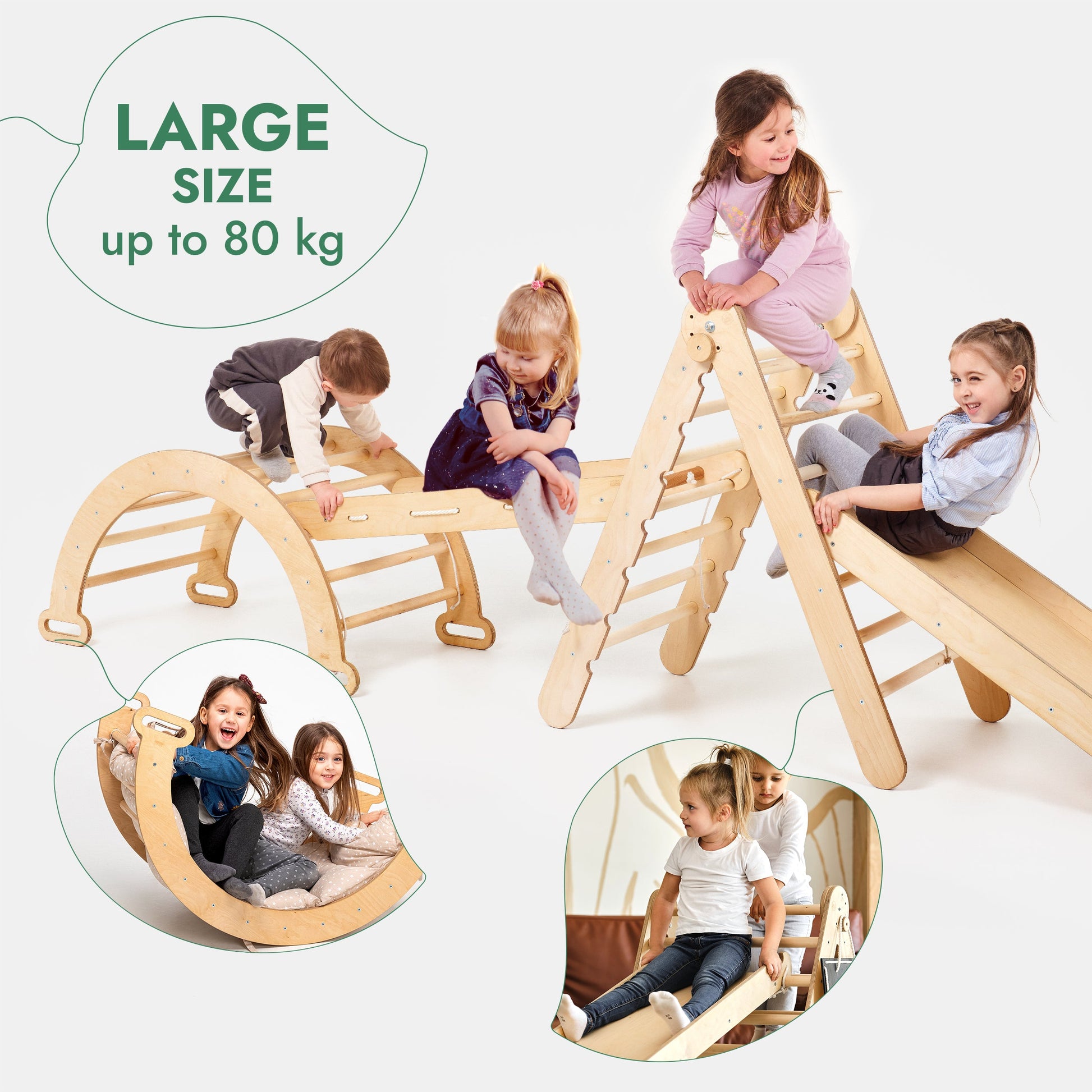 4in1 Montessori Climbing Frame: Pikler Triangle + Climbing Arch + Slide Board + Net – Beige