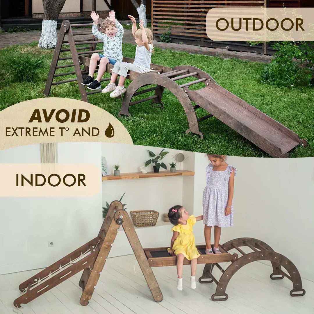 4in1 Montessori Climbing Frame: Triangle Ladder + Arch/Rocker + Slide Board/Ramp + Net – Chocolate