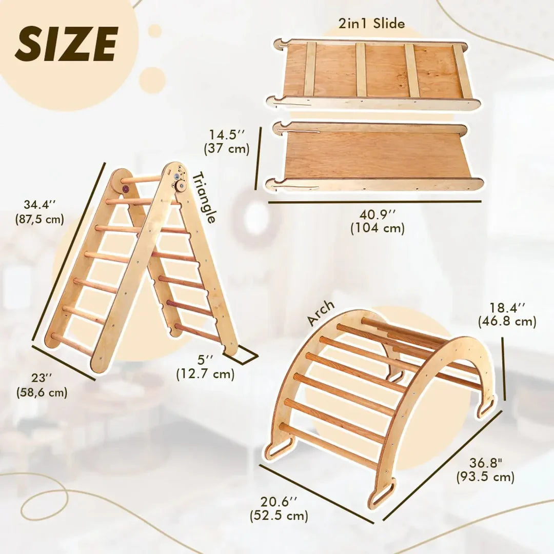 4in1 Montessori Climbing Frame Set: Triangle Ladder + Climbing Arch + Slide Board + Cushion Beige