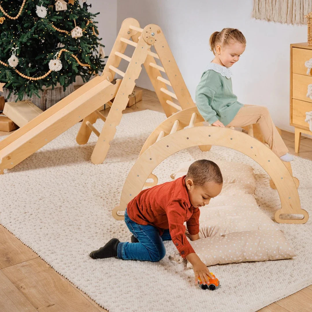 4in1 Montessori Climbing Frame Set: Triangle Ladder + Climbing Arch + Slide Board + Cushion Beige