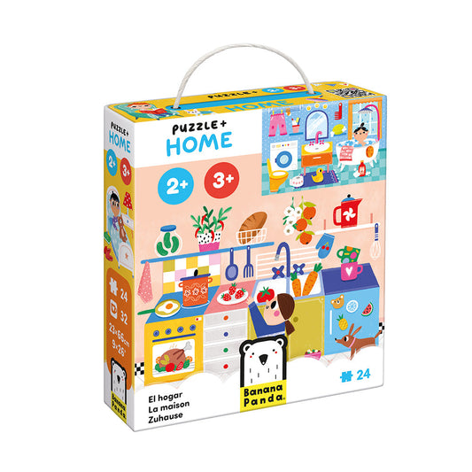 Children's puzzle packaging with colorful illustrations of a home setting and 'Banana Panda' branding.