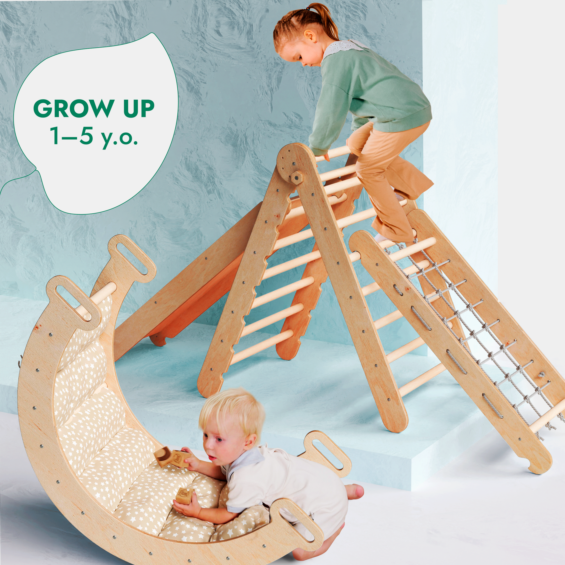 5in1 Montessori Climbing Frame: Pikler Triangle + Arch/Rocker + Slide Board/Ramp + Netting Rope + Cushion