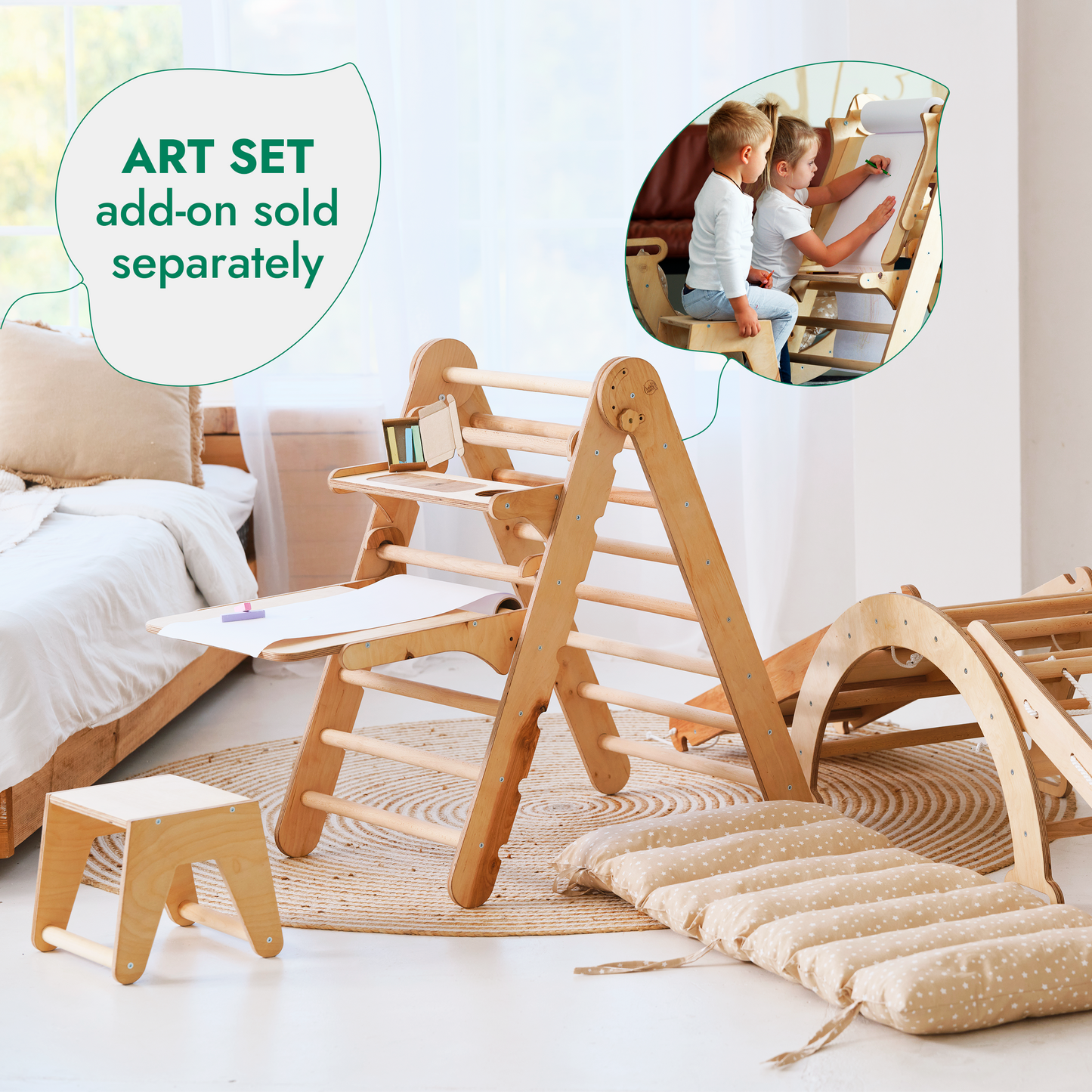 5in1 Montessori Climbing Frame: Pikler Triangle + Arch/Rocker + Slide Board/Ramp + Netting Rope + Cushion