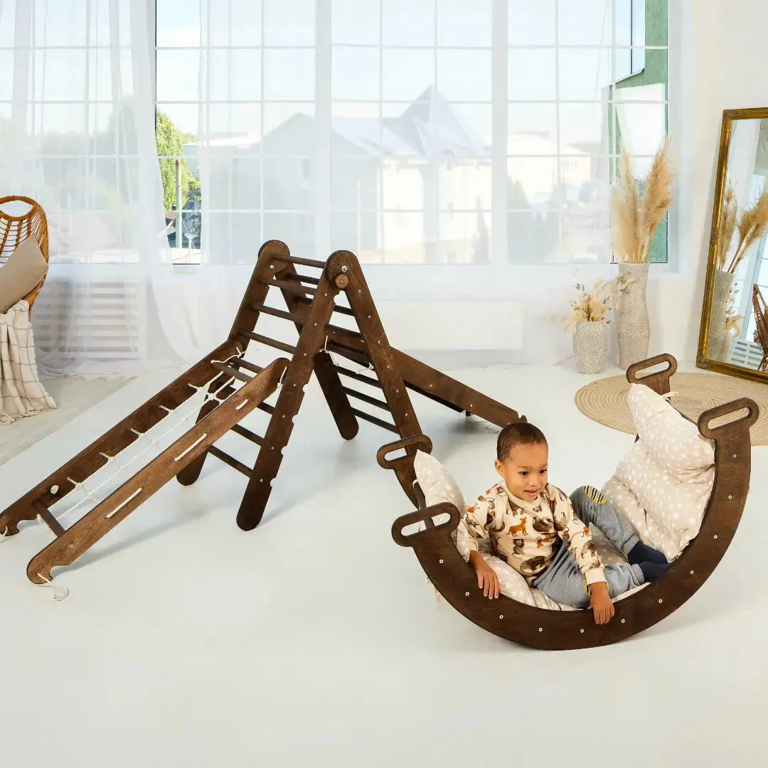 5in1 Montessori Climbing Frame: Triangle Ladder + Arch/Rocker + Slide Board/Ramp + Net + Cushion – Chocolate