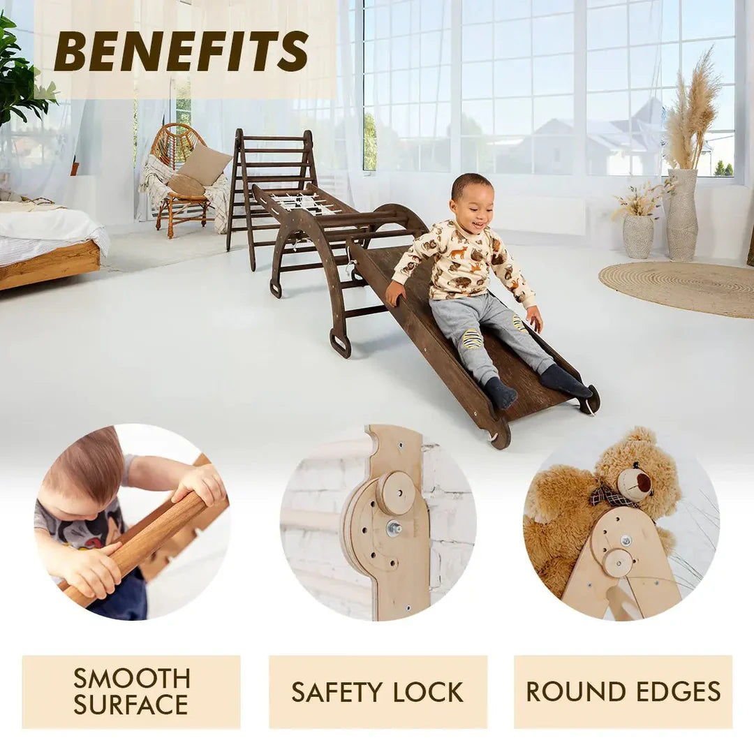 5in1 Montessori Climbing Frame: Triangle Ladder + Arch/Rocker + Slide Board/Ramp + Net + Cushion – Chocolate