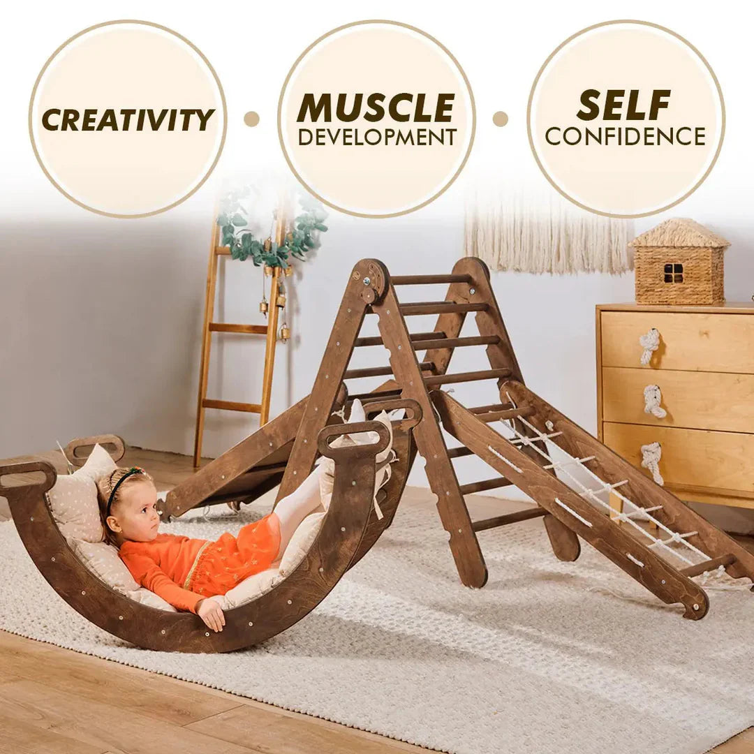 5in1 Montessori Climbing Frame: Triangle Ladder + Arch/Rocker + Slide Board/Ramp + Net + Cushion – Chocolate