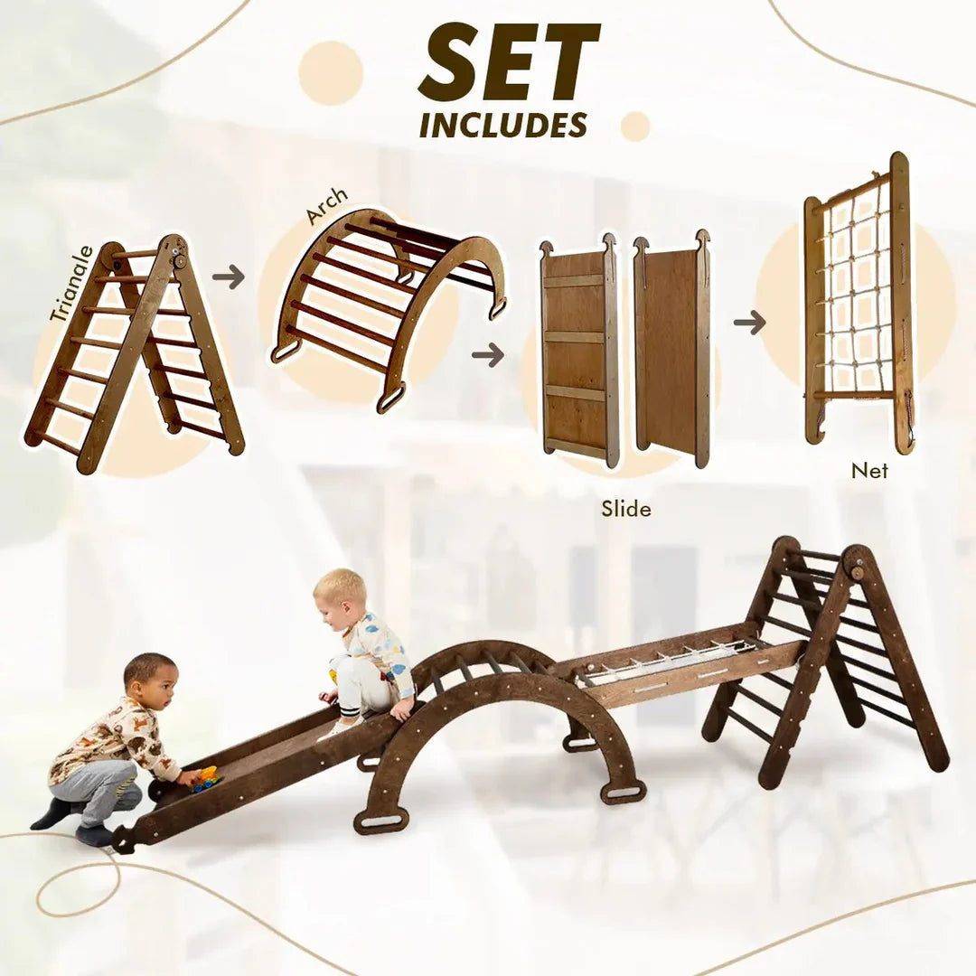 5in1 Montessori Climbing Frame: Triangle Ladder + Arch/Rocker + Slide Board/Ramp + Net + Cushion – Chocolate