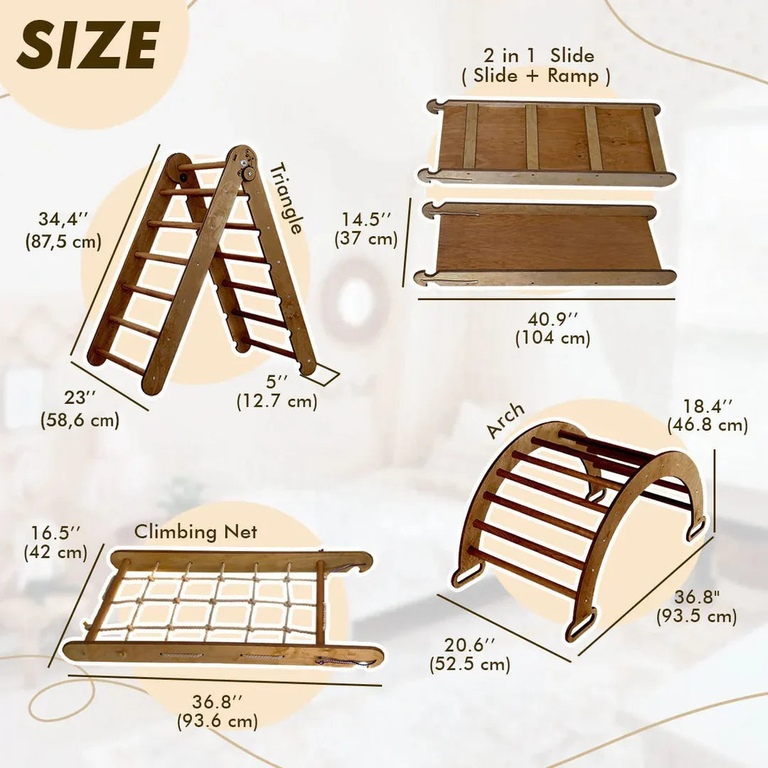 5in1 Montessori Climbing Frame: Triangle Ladder + Arch/Rocker + Slide Board/Ramp + Net + Cushion – Chocolate