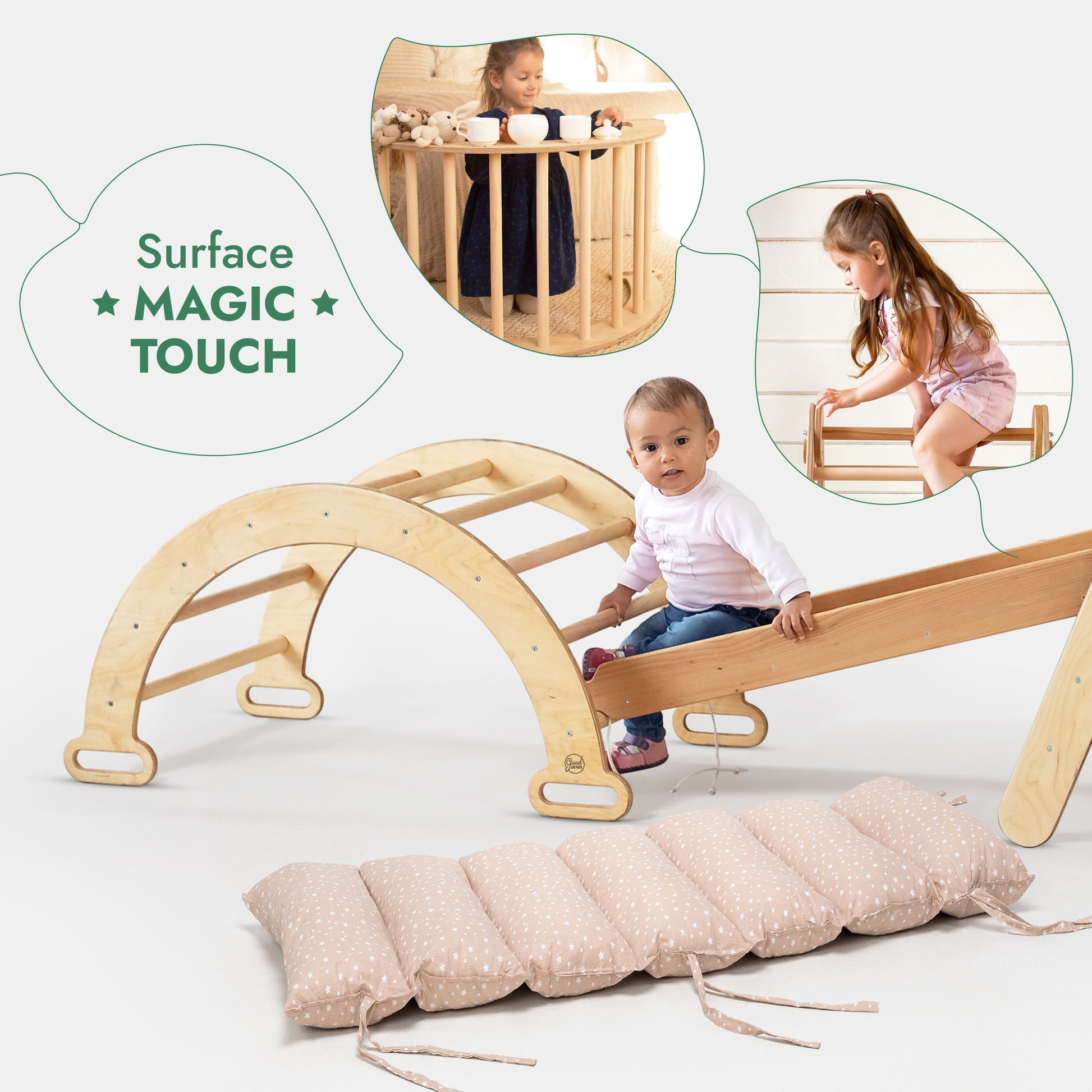 5in1 Montessori Climbing Frame: Pikler Triangle + Arch/Rocker + Slide Board/Ramp + Netting Rope + Cushion