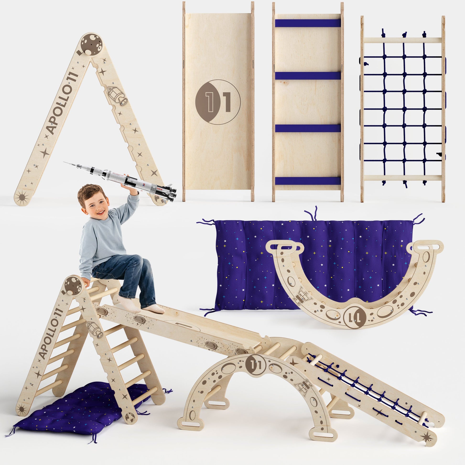 Apollo 5in1 Climbing Set: Pikler Triangle, Net, Arch, Slide Board, and Cushion for Little Astronauts