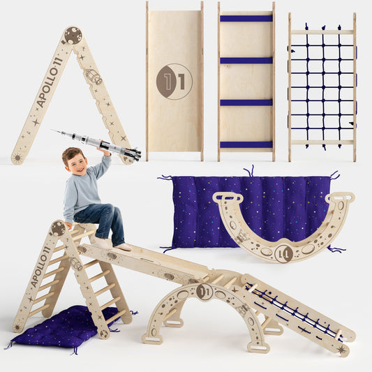 Apollo 5in1 Climbing Set: Pikler Triangle, Net, Arch, Slide Board, and Cushion for Little Astronauts