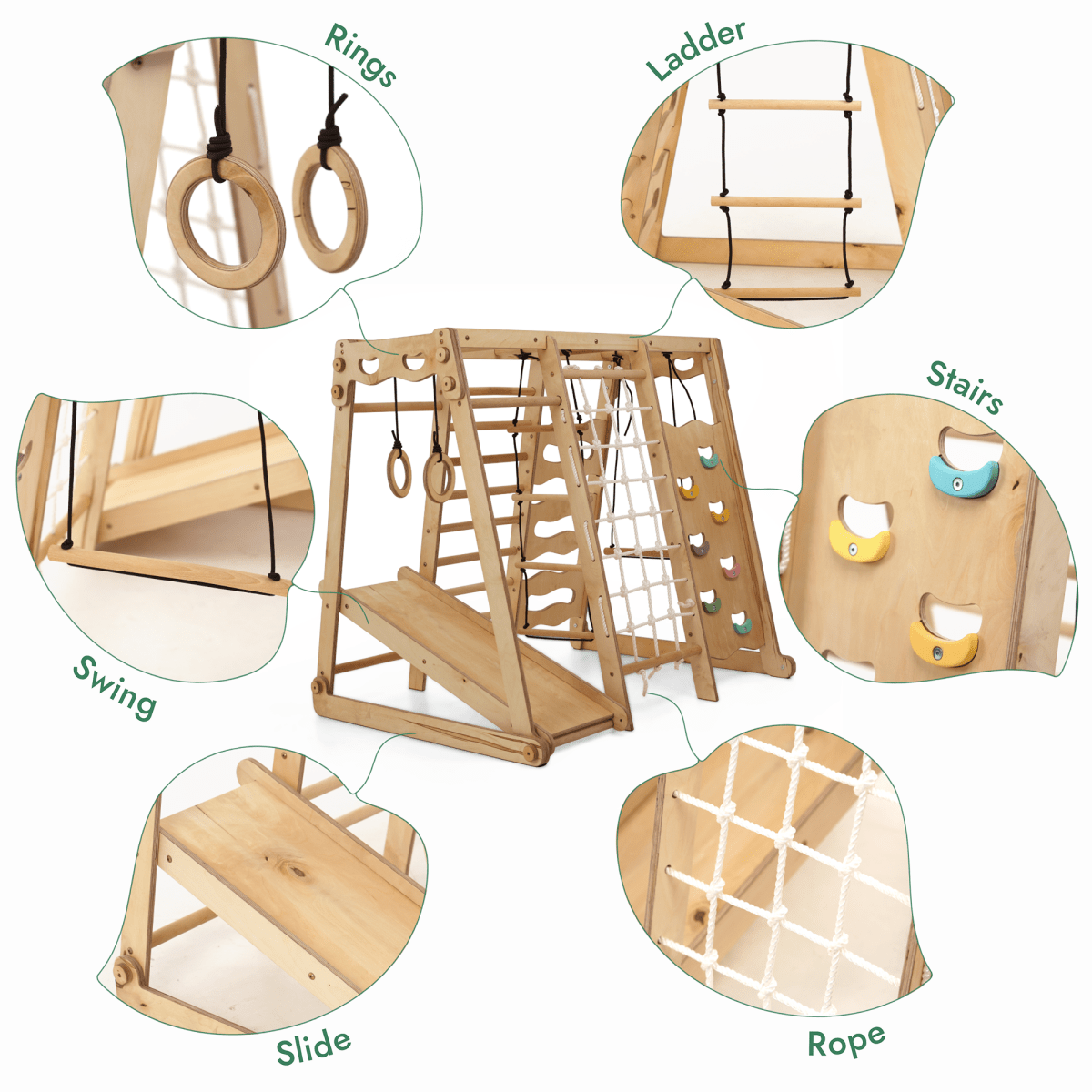 6in1 Toddler Wooden Climbing Frame -  Playground + Swings Set + Slide Board + Rope + Stairs