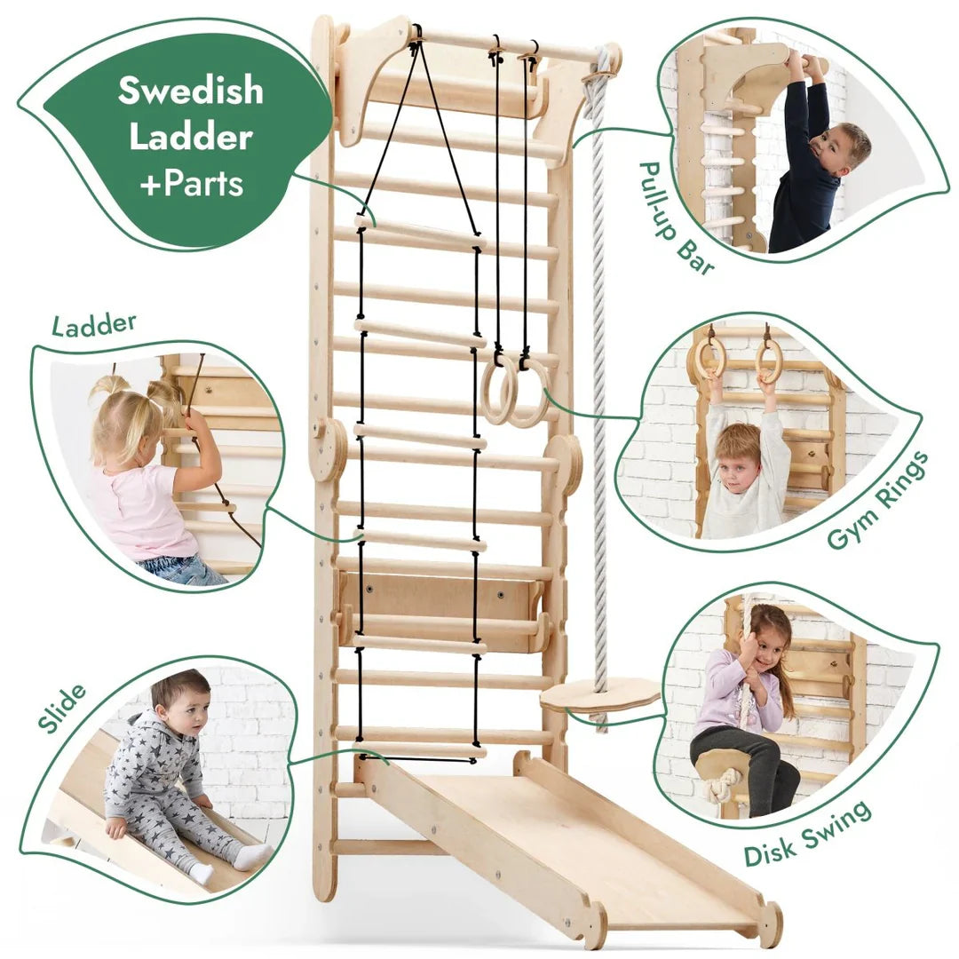 6in1 Swedish Ladder for Kids – Converts Into Pikler Triangle + Slide + Swing