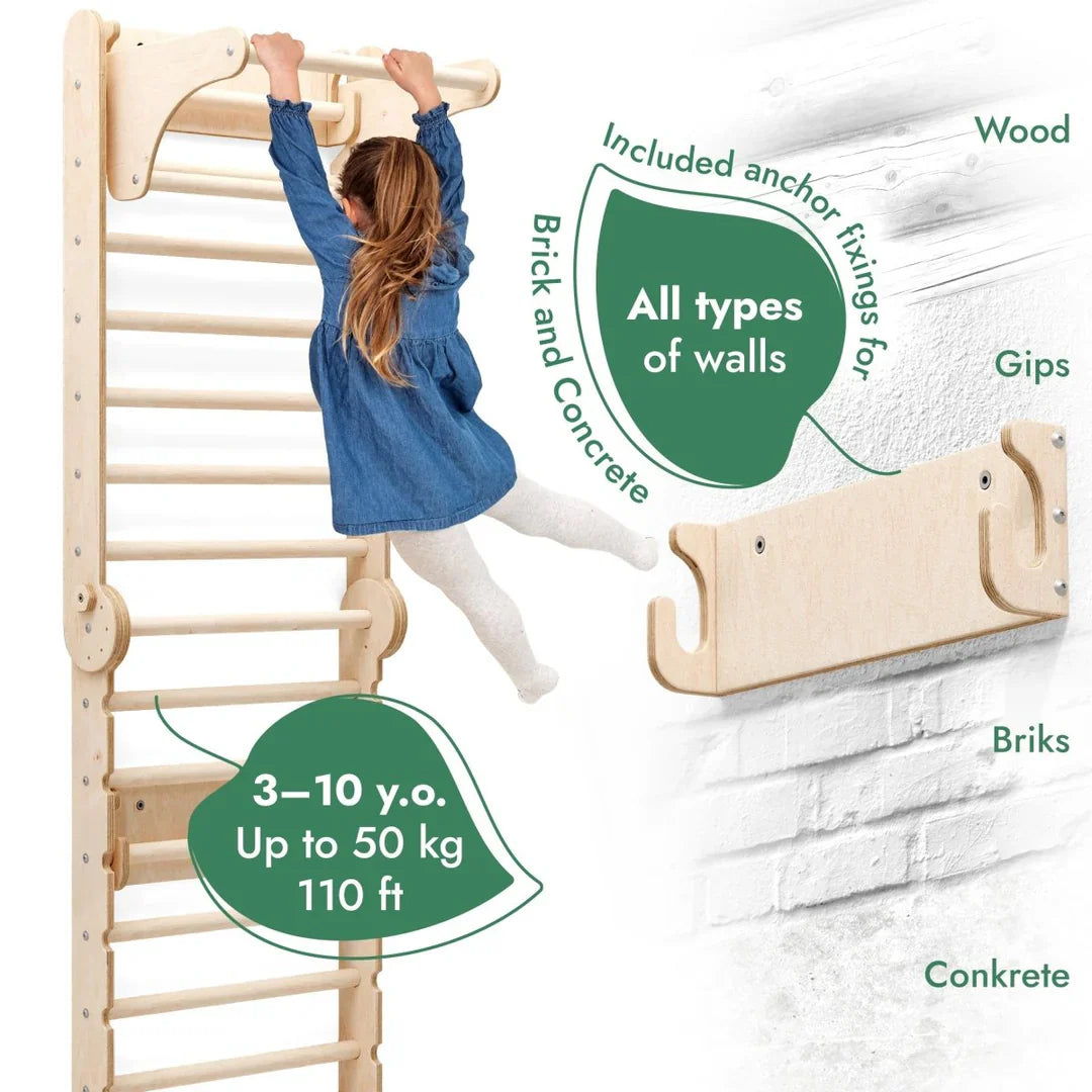 6in1 Swedish Ladder for Kids – Converts Into Pikler Triangle + Slide + Swing