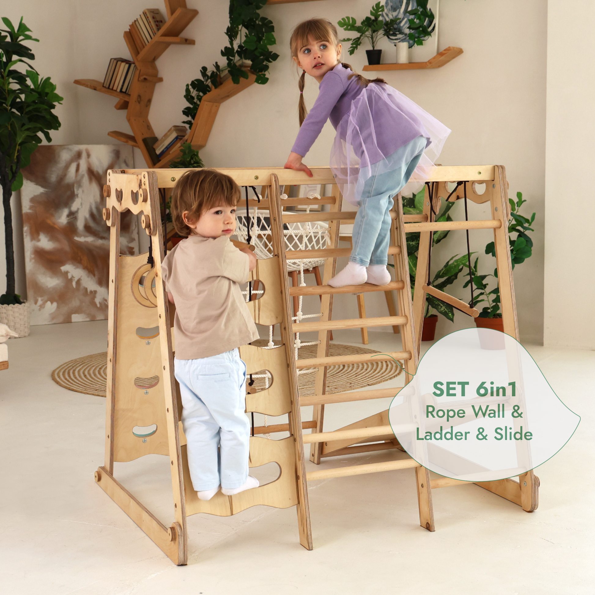 6in1 Toddler Wooden Climbing Frame -  Playground + Swings Set + Slide Board + Rope + Stairs