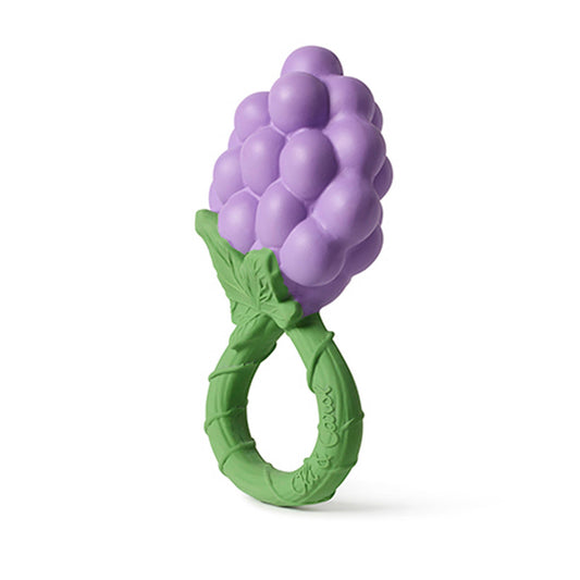 Purple grape-shaped teether with green base on a white background