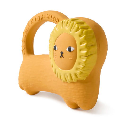Yellow lion-shaped toy with a handle on a white background