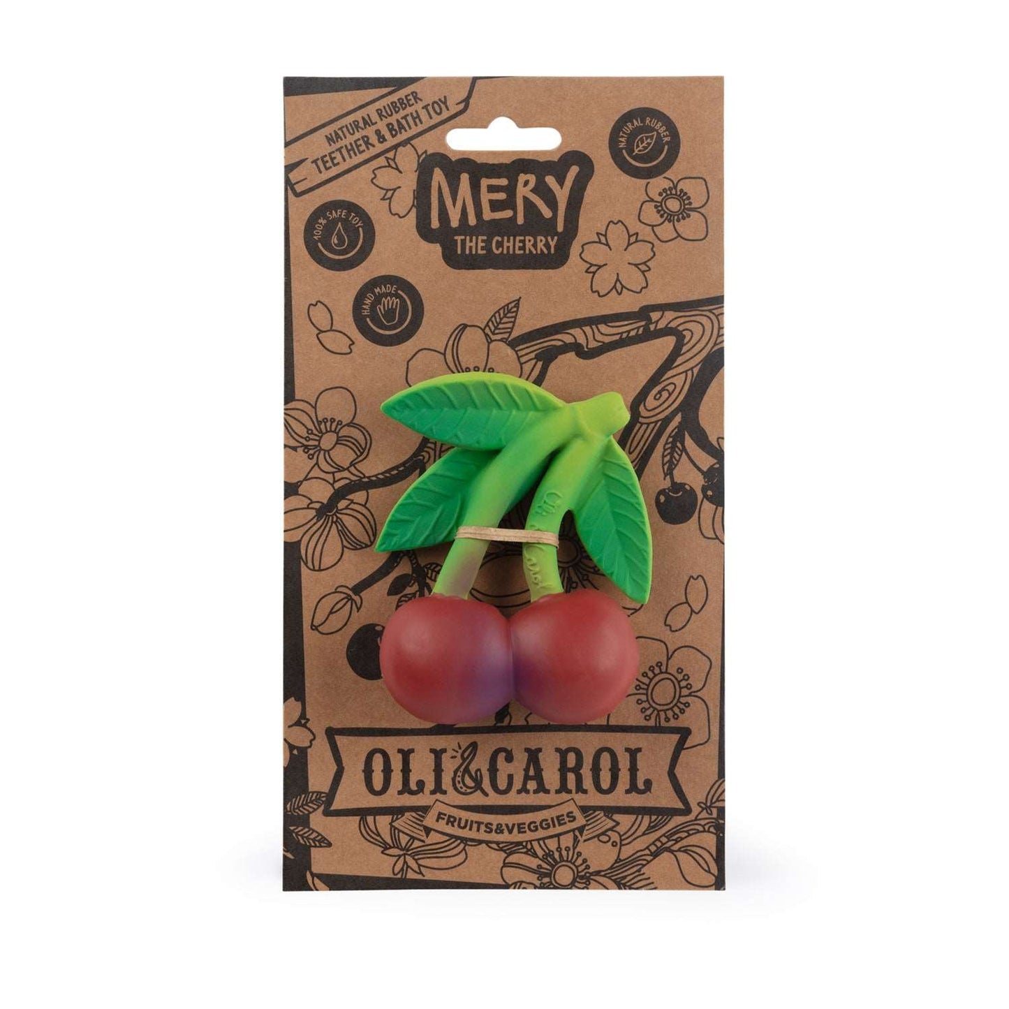 Oli & Carol Mery the Cherry teether packaging on a white background