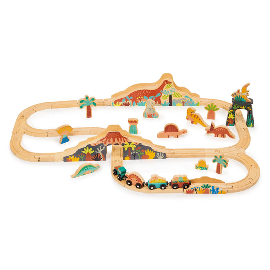 Wooden dinosaur train set with tracks and toy dinosaurs on a white background