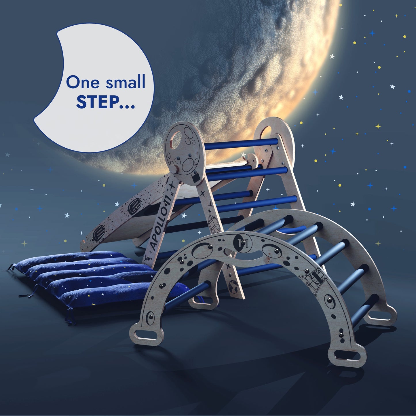 Apollo 4in1 Climbing Set:  Pikler Triangle, Arch, Slide Board, and Cushion for Little Toddlers Astronauts