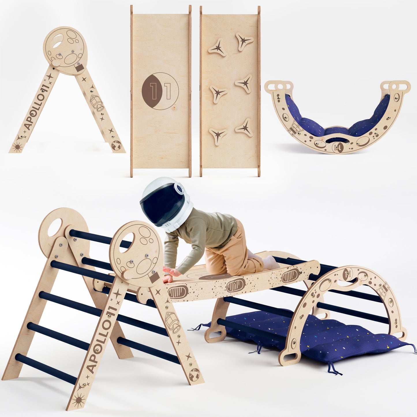 Apollo 4in1 Climbing Set:  Pikler Triangle, Arch, Slide Board, and Cushion for Little Toddlers Astronauts