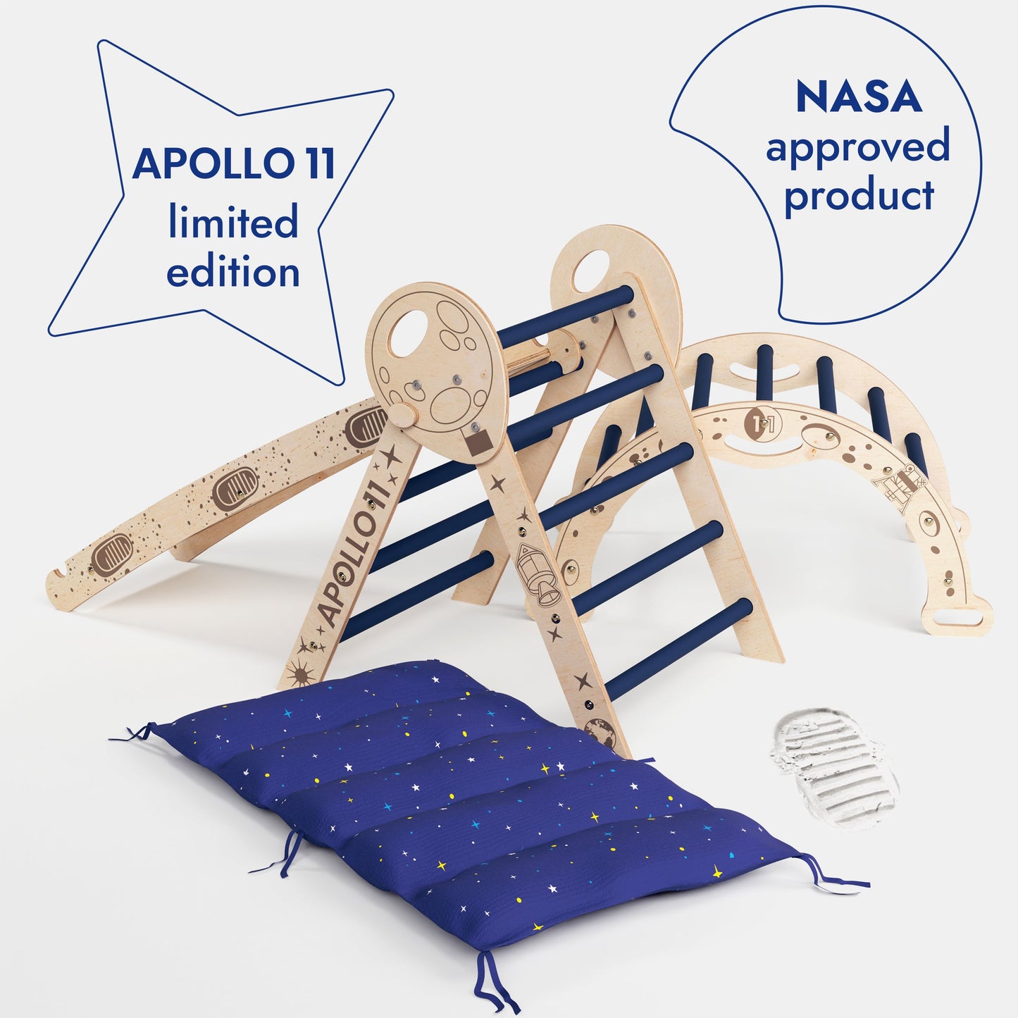 Apollo 4in1 Climbing Set:  Pikler Triangle, Arch, Slide Board, and Cushion for Little Toddlers Astronauts