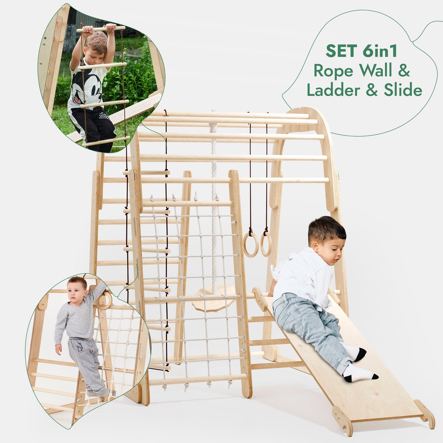 6in1 Indoor Wooden Playground for Children – Playground + Swings Set + Slide Board