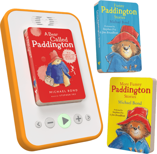 A children's audio reader device with an orange border and white face, shown with three Paddington book covers floating beside it on a black background.