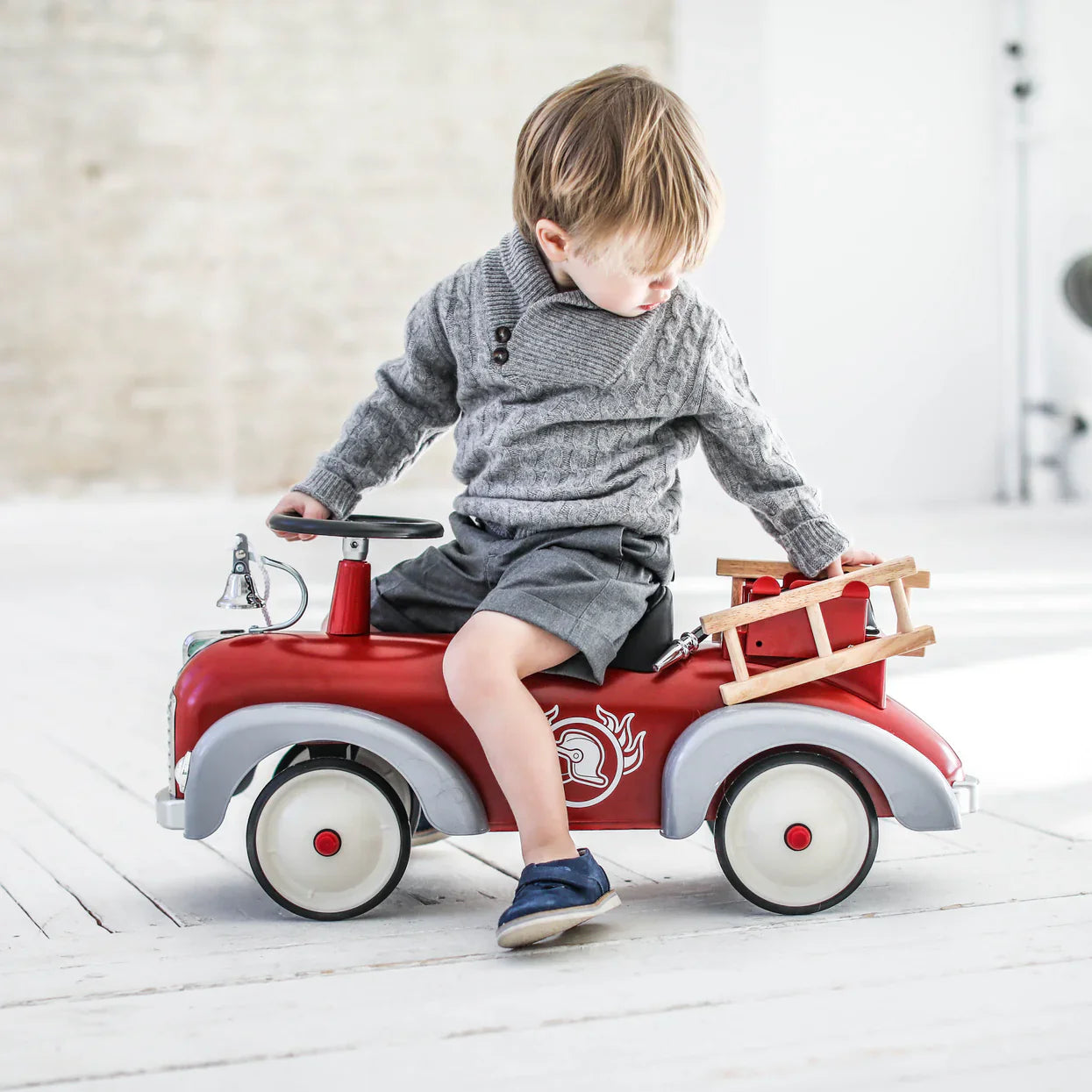 Baghera Wooden Fire Engine Ride-On – Retro Toddler Ride On Toy | Mucky Wolf