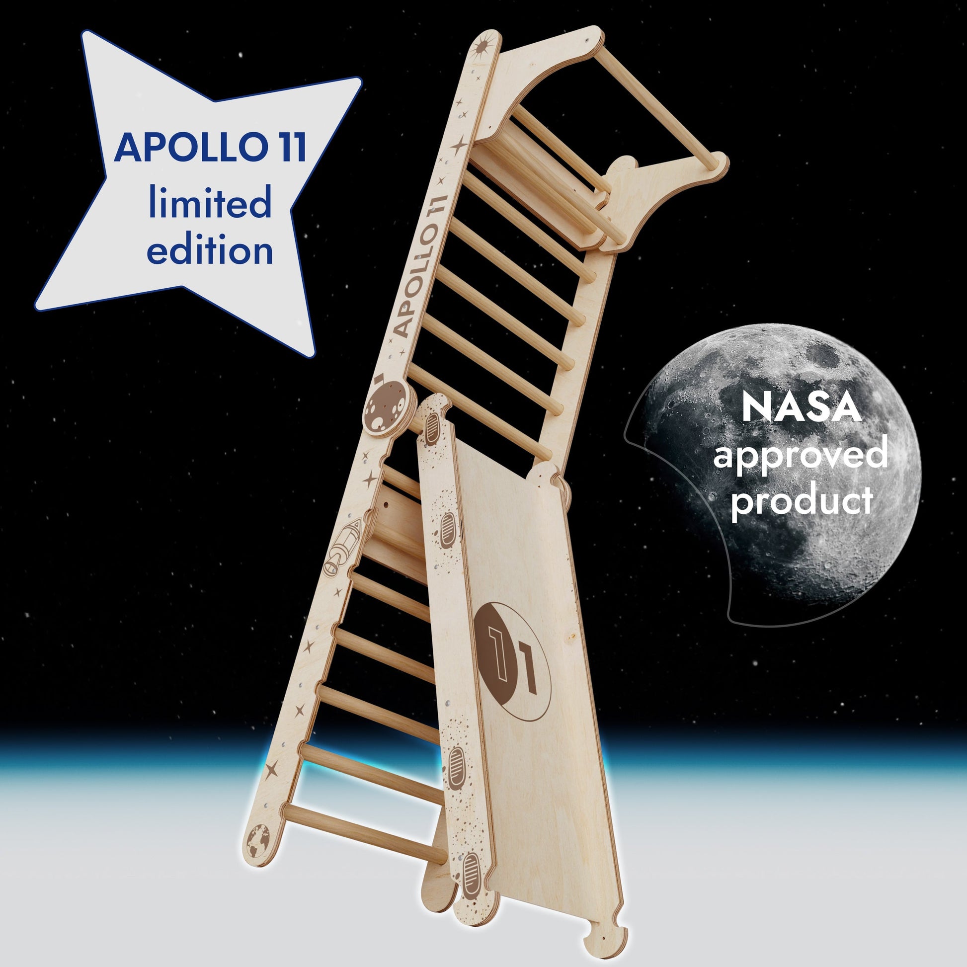 Apollo Swedish Wall / Climbing Ladder for Little Austronauts + Moon Swing Set + Slide Board