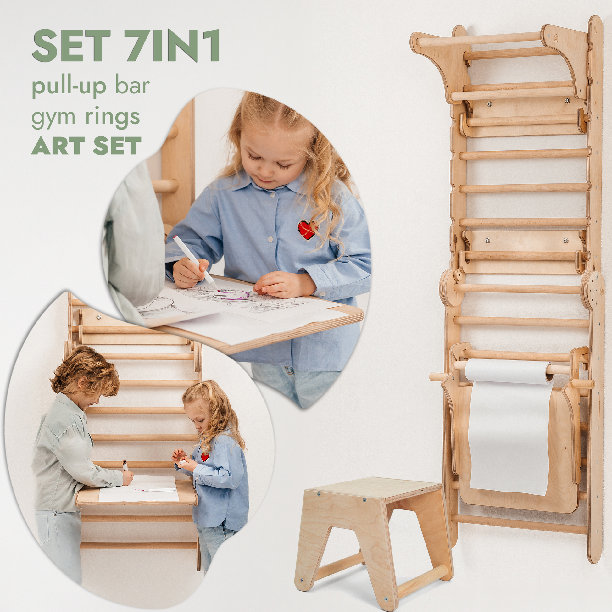 7-in-1 wooden pull-up bar, gym rings, and art set with children using it.