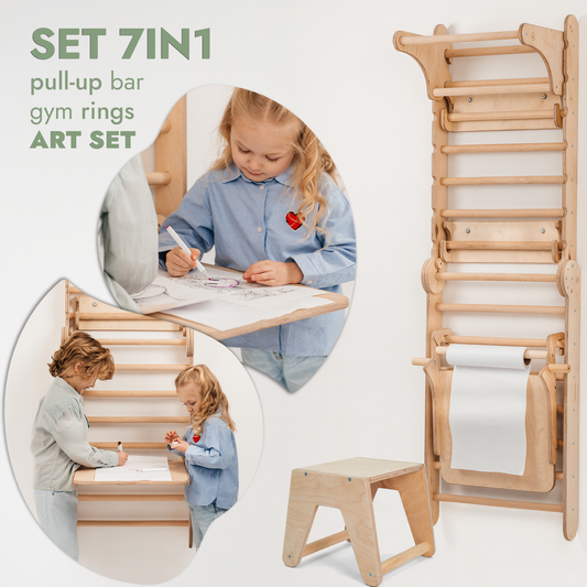 7-in-1 wooden pull-up bar, gym rings, and art set with children using it.