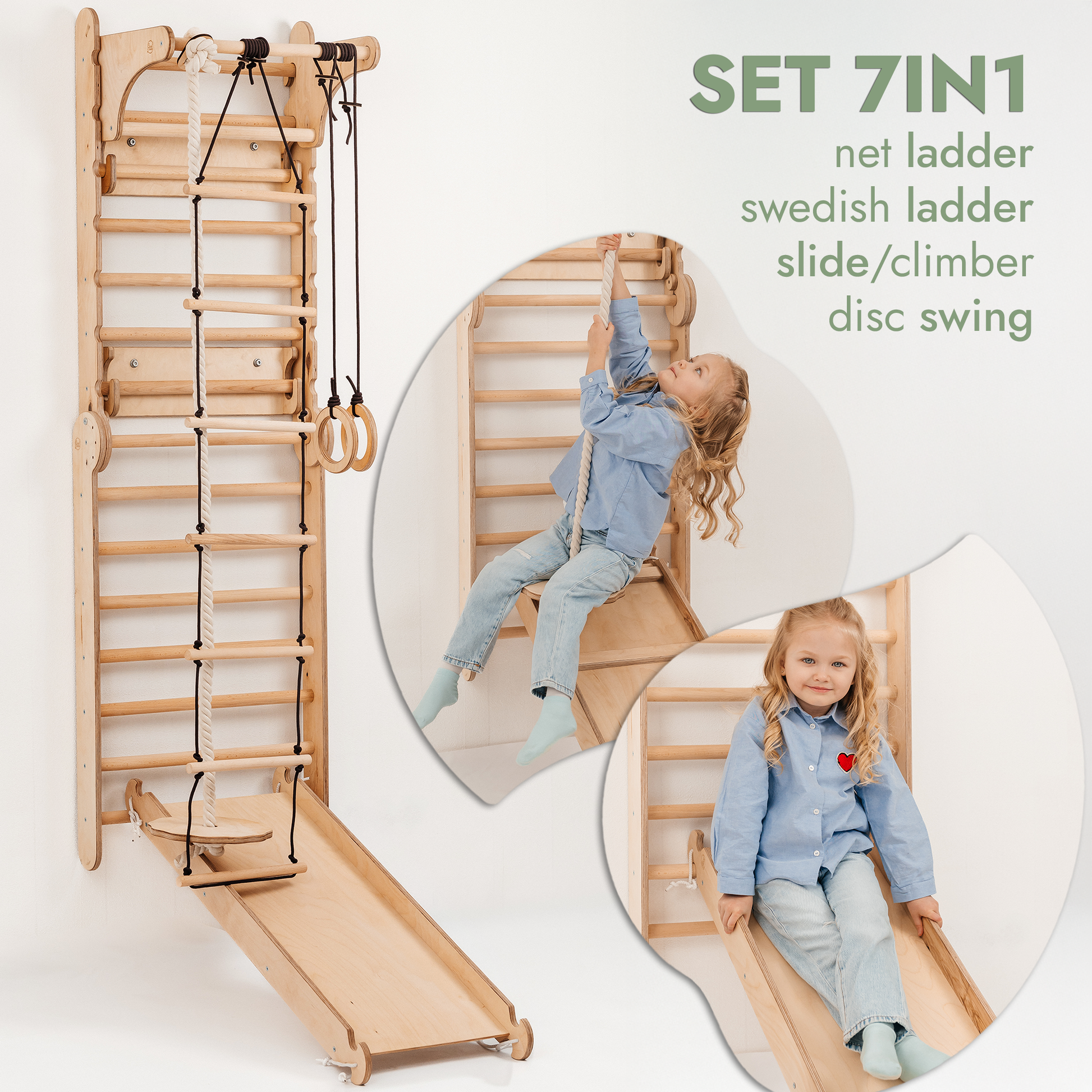 Children's wooden climbing set with slide, climber, and swing features on a white background.