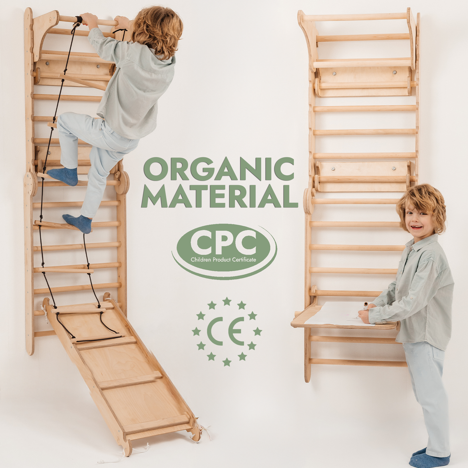 Children playing on a wooden climbing wall with 'Organic Material' and 'CPC' certification logos on a white background.