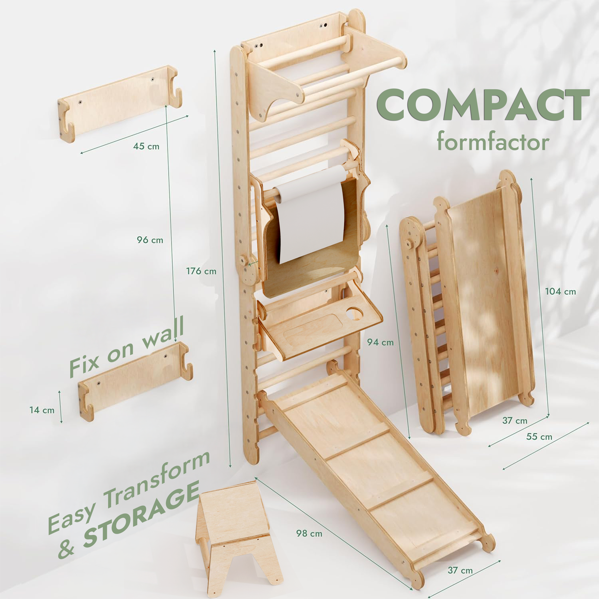 Wooden play structure with dimensions and features on a white background