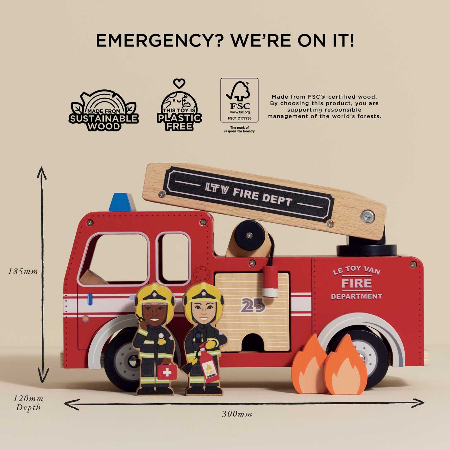 Wooden Fire Engine Toy with Figures for Toddlers