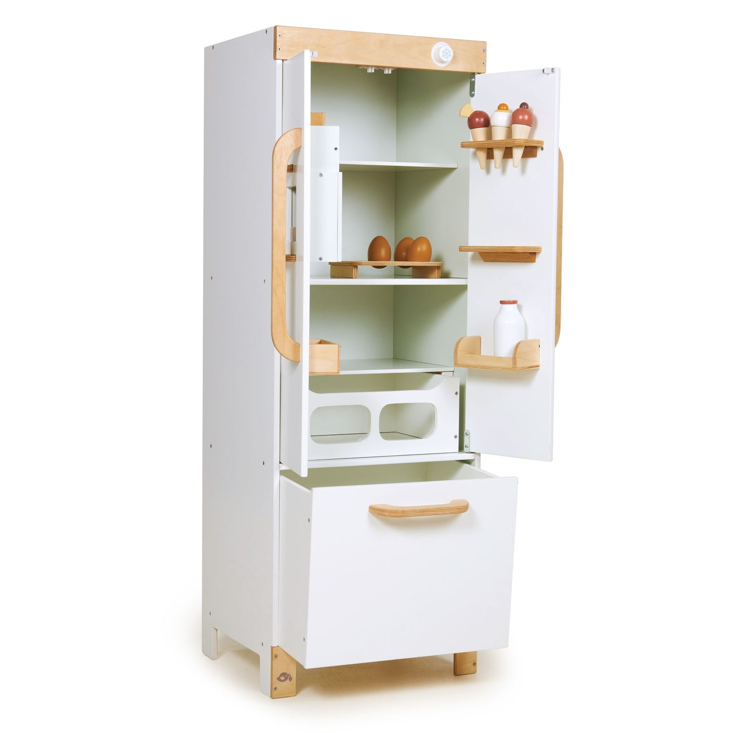 Children's toy refrigerator with wooden accents on a white background