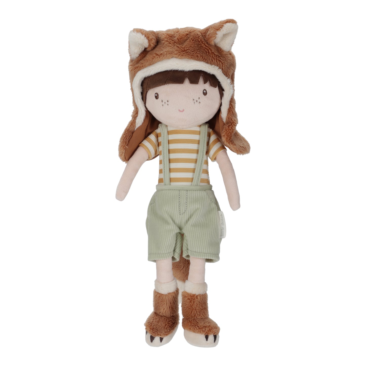 A plush doll named Forest Friend Sam in a fox outfit, with a striped yellow and green shirt, green shorts, and brown fox ears on the head.