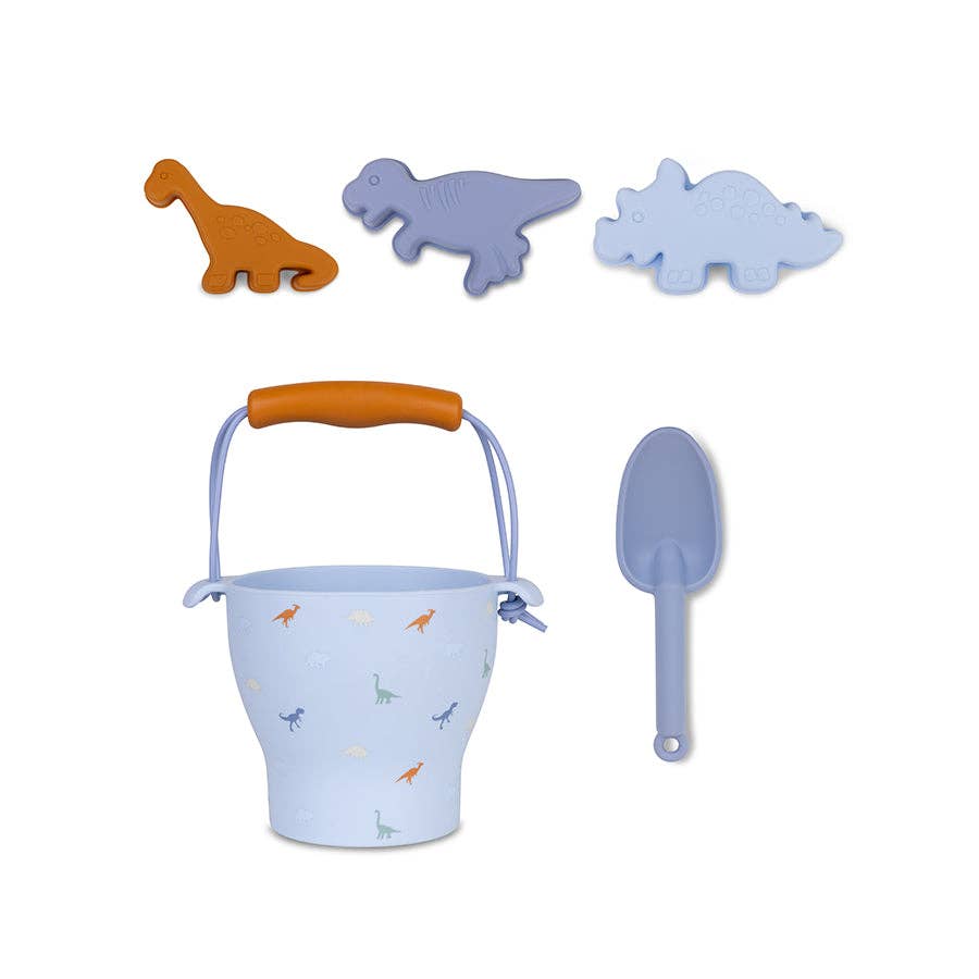 Dinosaur beach bucket and spade play set for children. Silicone.