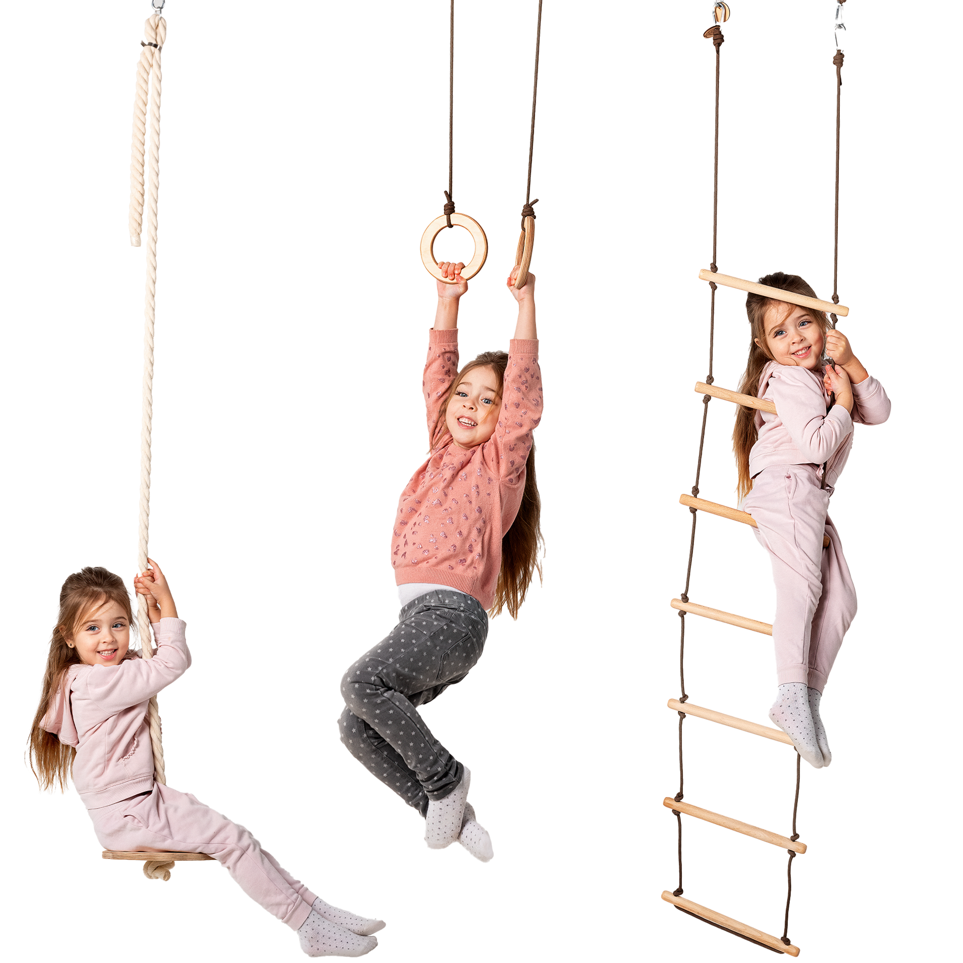 3in1 Swing Set: Disc Rope Swing + Gymnastic Rings + Rope Ladder