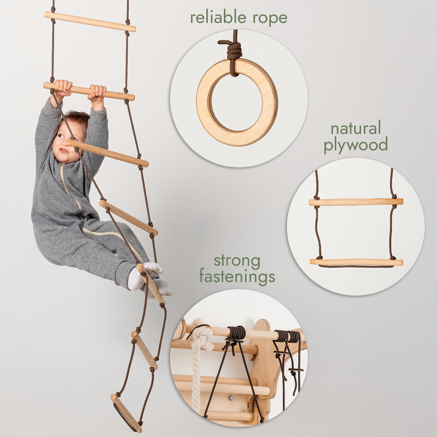 3in1 Swing Set: Disc Rope Swing + Gymnastic Rings + Rope Ladder