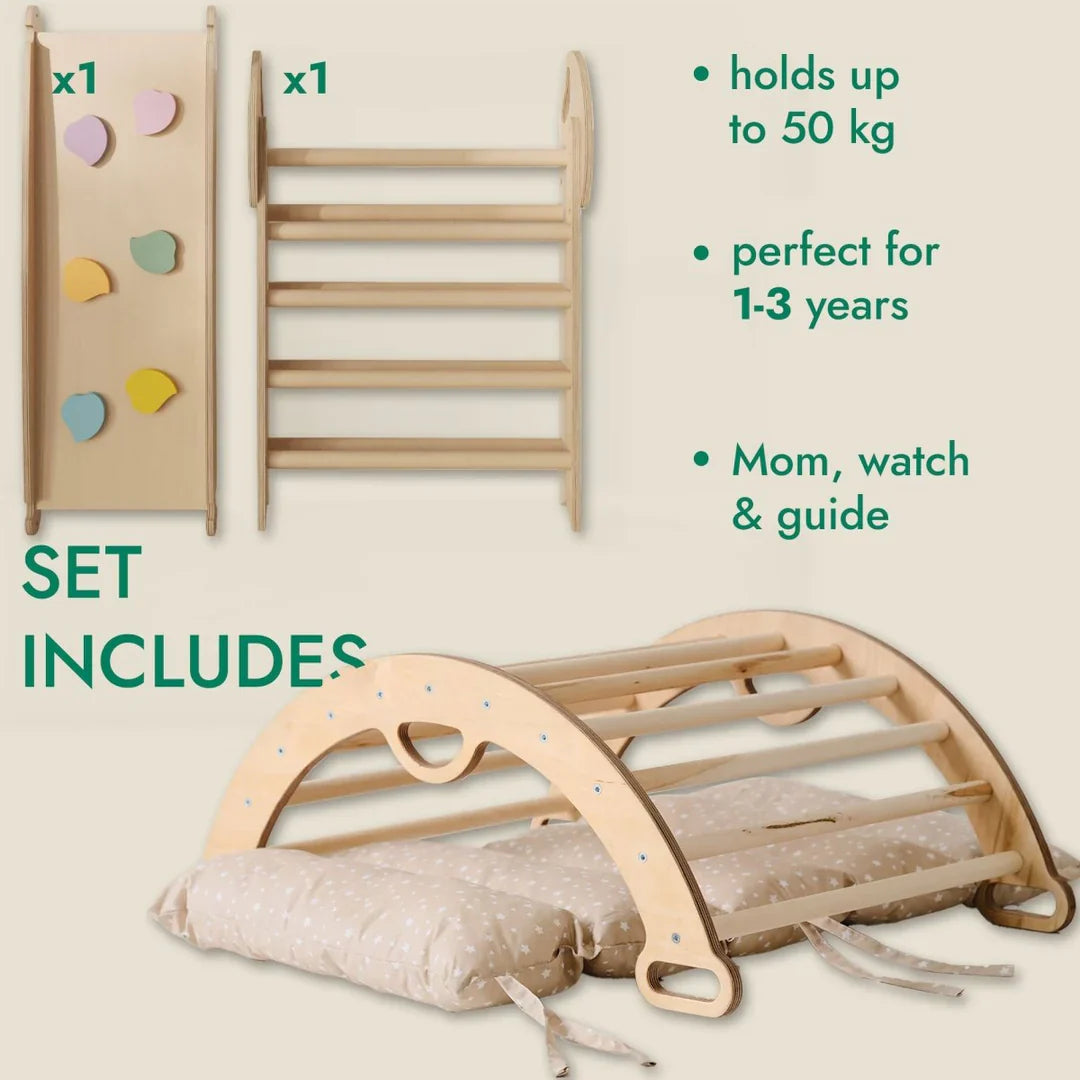 4in1 Montessori Climbing Frame: Pikler Triangle + Arch + Slide Board + Cushion for Toddlers (1–3 Years)