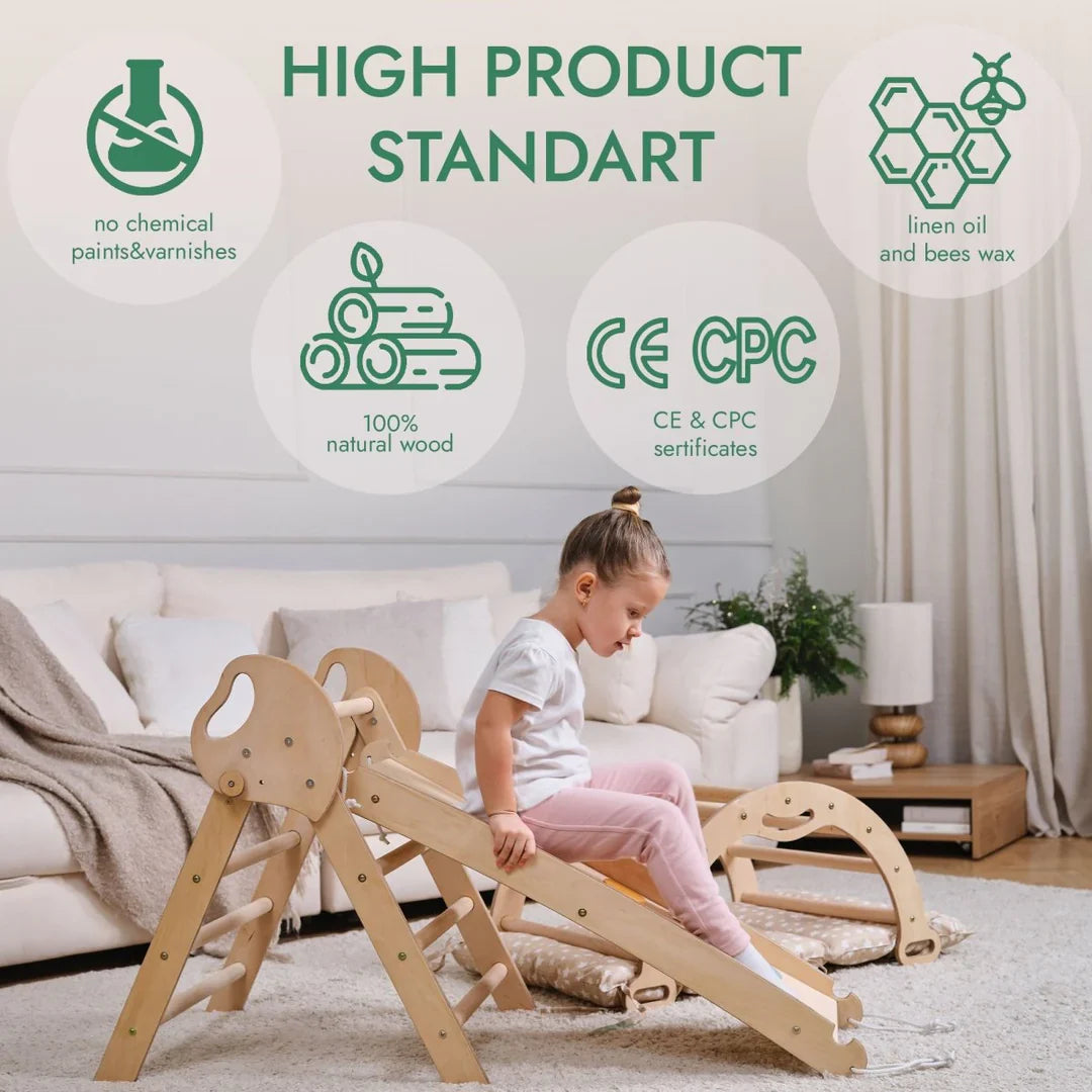 4in1 Montessori Climbing Frame: Pikler Triangle + Arch + Slide Board + Cushion for Toddlers (1–3 Years)