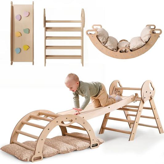 4in1 Montessori Climbing Frame: Pikler Triangle + Arch + Slide Board + Cushion for Toddlers (1–3 Years)