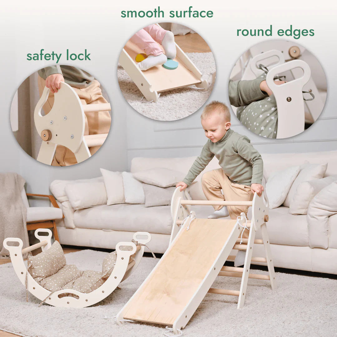 4in1 Montessori Climbing Frame: Pikler Triangle + Arch + Slide Board + Cushion for Toddlers (1–3 Years)