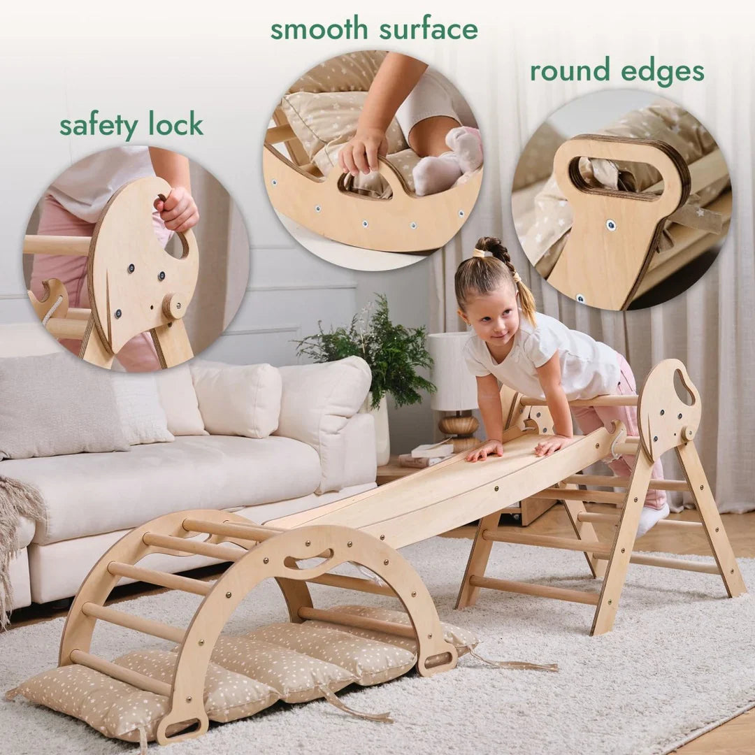 4in1 Montessori Climbing Frame: Pikler Triangle + Arch + Slide Board + Cushion for Toddlers (1–3 Years)