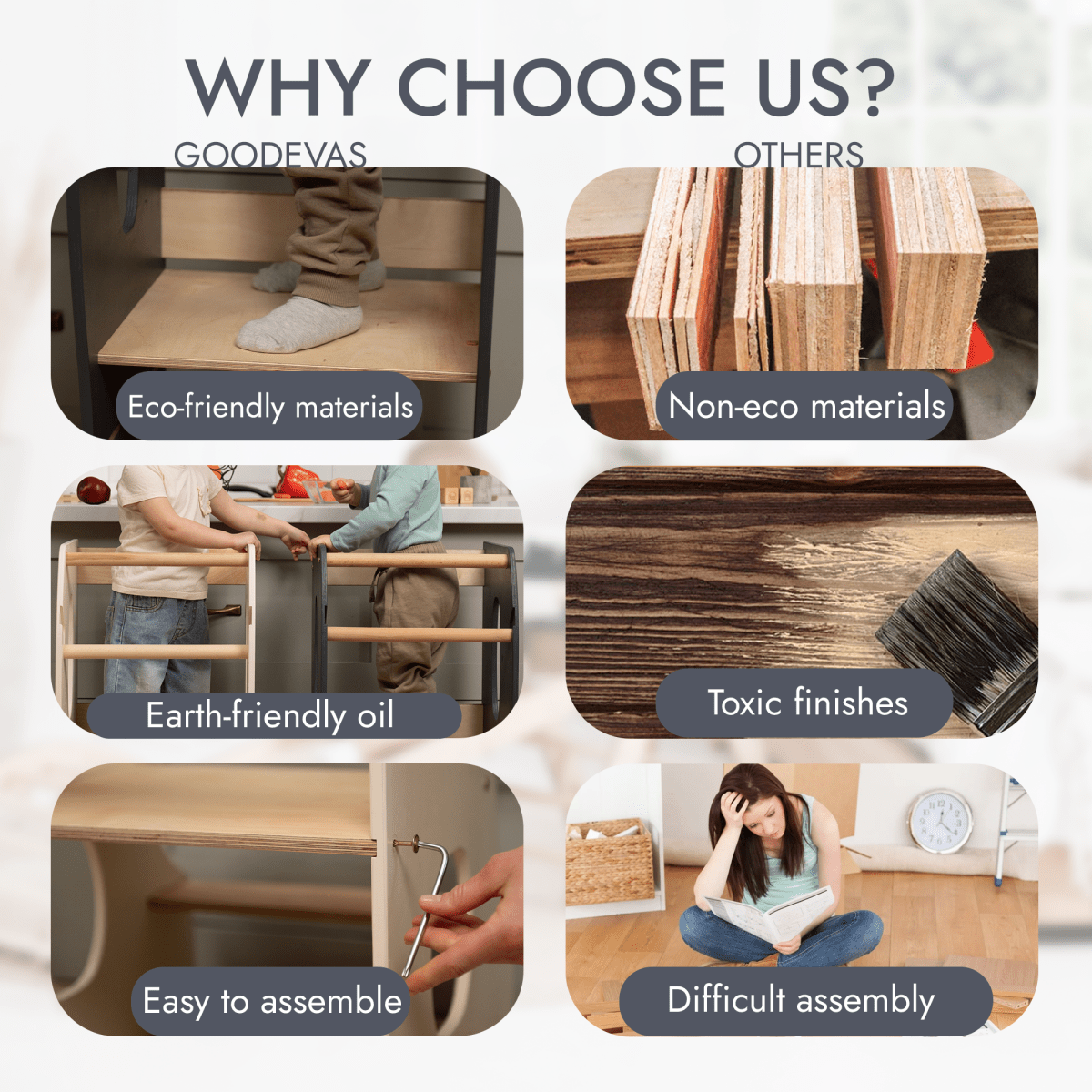 Stable Montessori Tower – Wooden Growing Chair With Cut-Out Handles – Grey