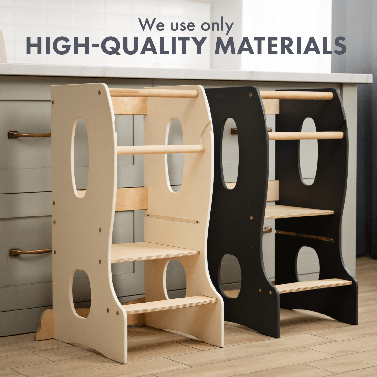 Stable Montessori Tower – Wooden Growing Chair With Cut-Out Handles – Grey