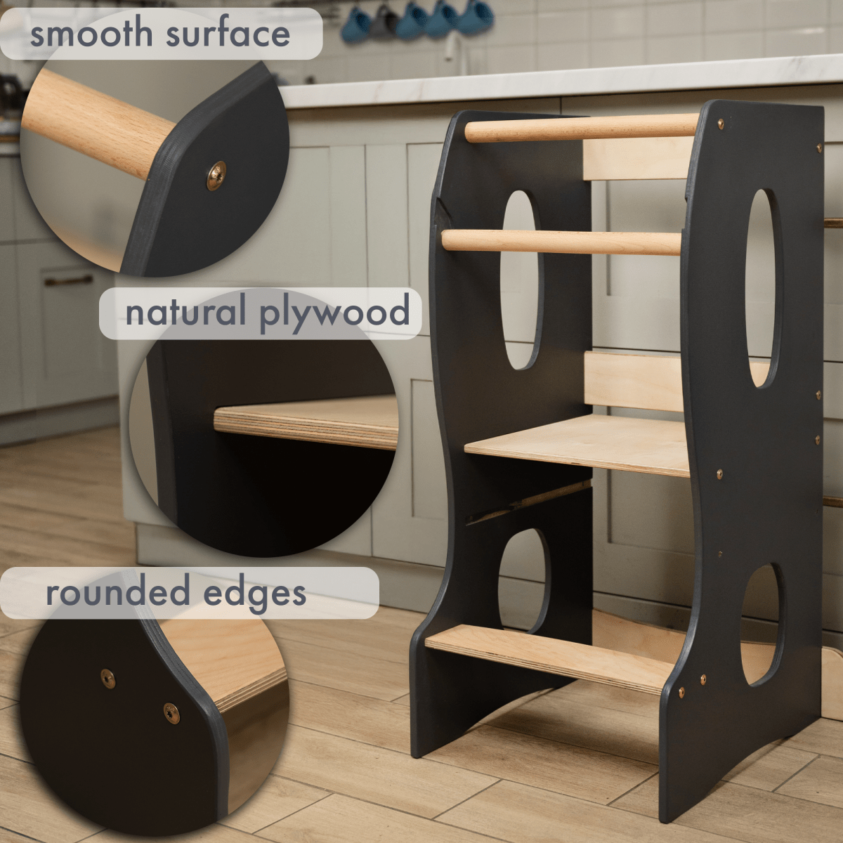 Stable Montessori Tower – Wooden Growing Chair With Cut-Out Handles – Grey